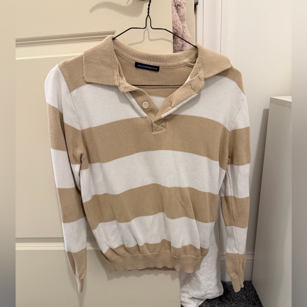 Brandy Melville Tan and White Striped Polo Sweater